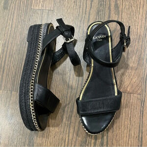 Lanvin Paris Black Leather Espadrille Flatform Sandal size EU 36 with gold chain